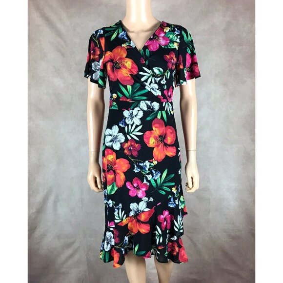 THALIA SODI Black Floral Faux-Wrap Ruffled Dress NWT SMALL - Picture 6 of 10